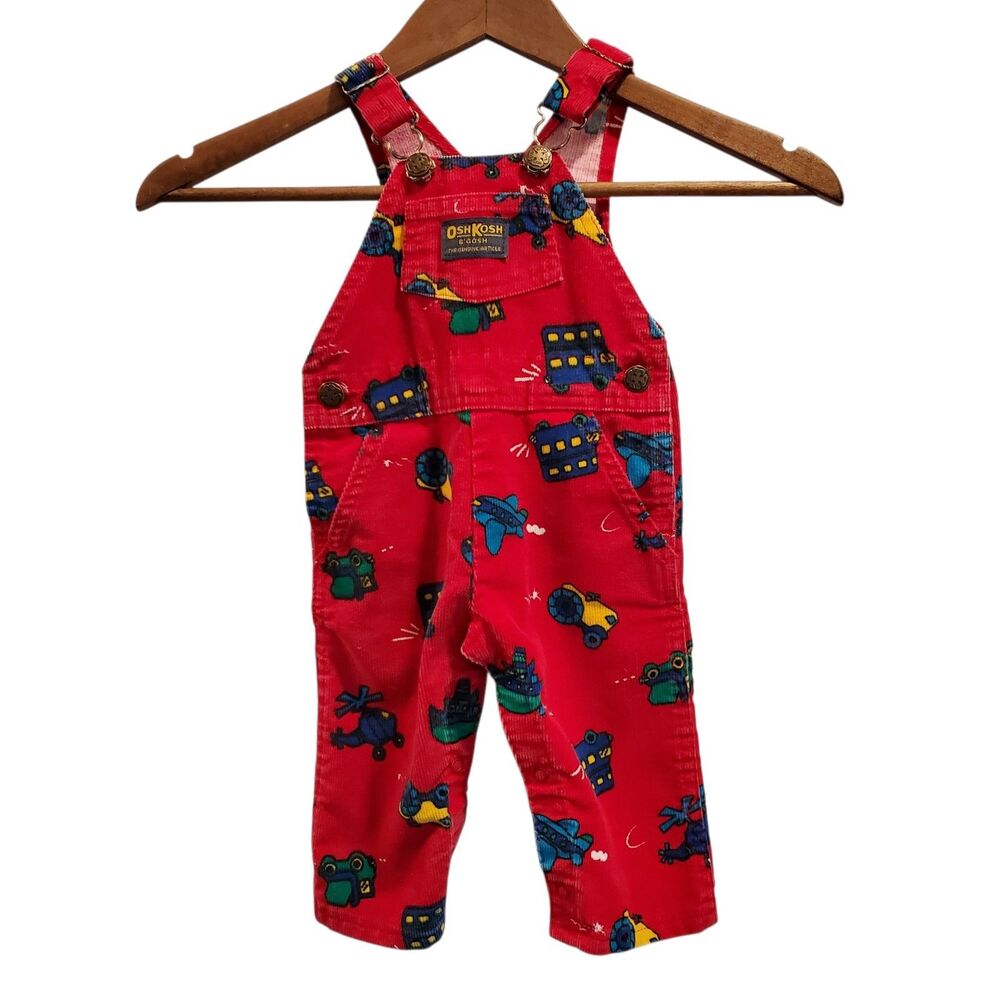 Vintage 6-9 mos OshKosh B’Gosh Red Corduroy Overalls Vehicles bus truck plane - Picture 1 of 8